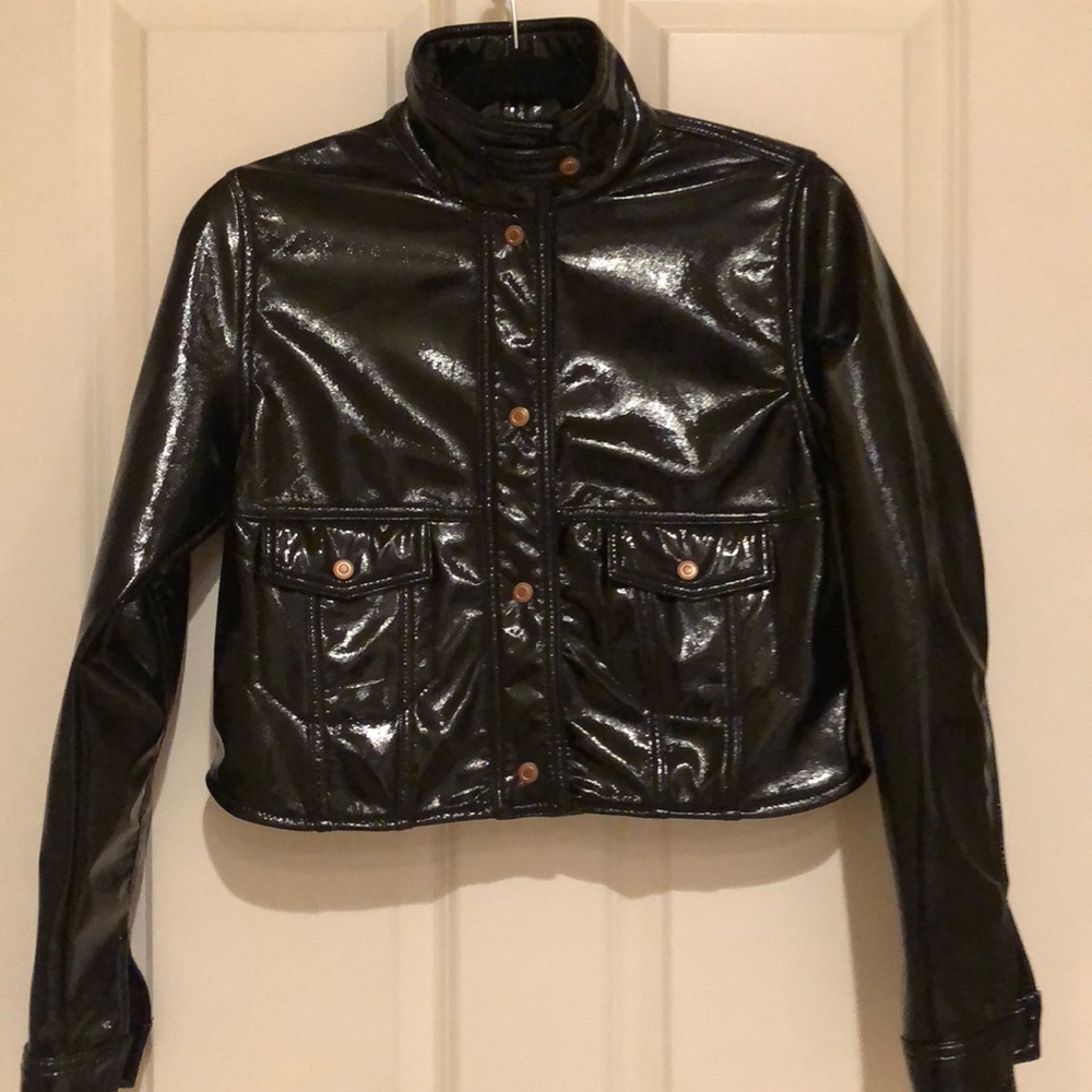 Vegan patent leather moto coat